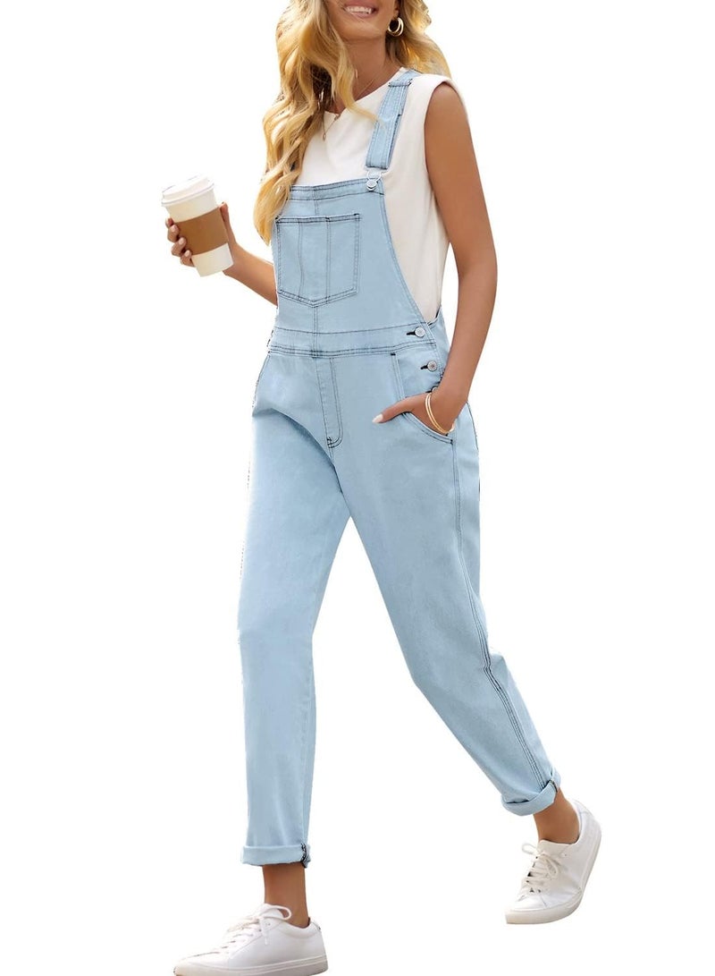 Vetinee Women's Azure Glow Adjustable Straps Pockets Boyfriend Denim Bib Overalls Jeans Pants Large - Image 3